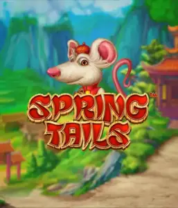 A whimsical illustration of a mouse dressed in traditional Chinese attire standing in a picturesque mountain backdrop. The image represents the Spring Tails Slot by Betsoft, showcased with striking red and gold logo lettering.