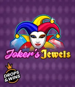 Discover the playful world of the Joker's Jewels game by Pragmatic Play, highlighting a captivating joker's mask adorned with a brightly colored jester hat. This graphic captures the light-hearted fun of classic slots, set against a lavender background. Perfect for casino game enthusiasts, offering a thrilling gaming experience. 