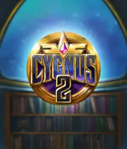 Explore the captivating visuals of Cygnus 2 Slot by ELK Studios, showcasing a stunning golden emblem with a vibrant design in purple and gold. Set against a mystical library backdrop, this image captures the theme of mystical exploration. 